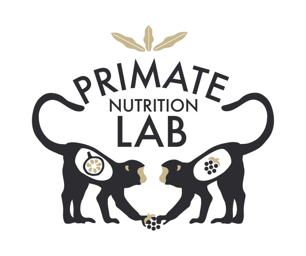 Lab logo featuring cartoon of two primates reaching for one fruit and images of different foods in each of their stomachs